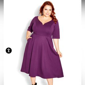 City Chic ‘Cute Girl’ elbow sleeve midi dress in plum NWT